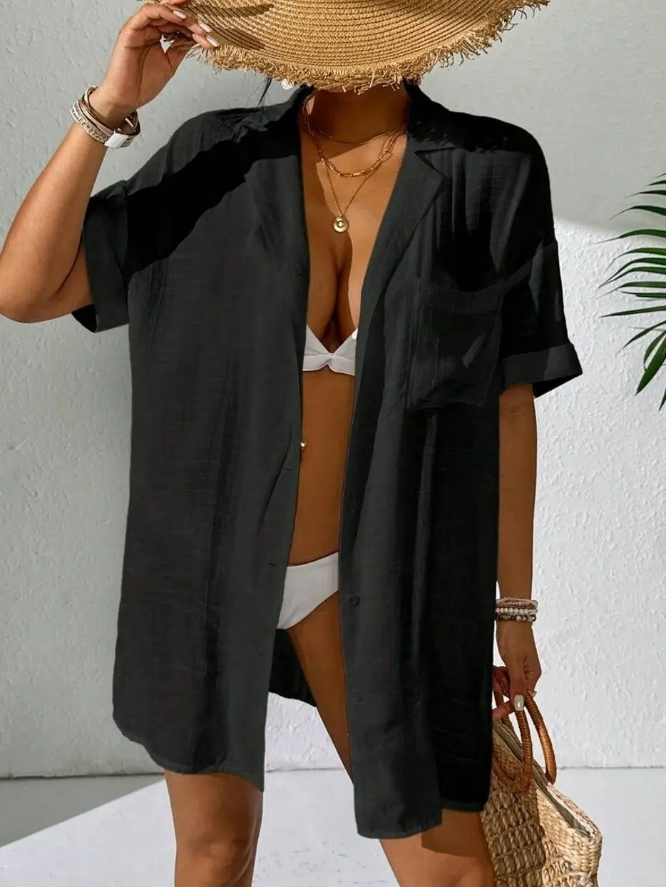 Swim Women's Black Crinkle Gauze Beach Cover-Up Shirt | Short-Sleeve Camp Collar Button-Down Tunic | Loose Fit Pocket Resortwear