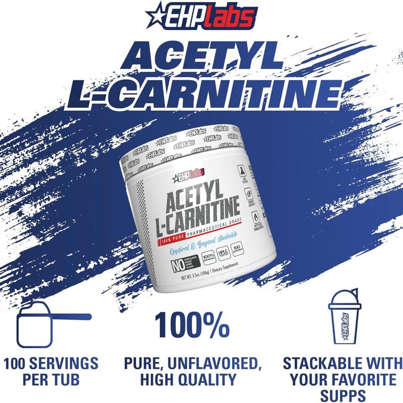 EHP Labs Acetyl L-Carnitine Powder - Supports Natural Energy Production, Brain Function, Heart Health, Vegan, Gluten Free, Non GMO - 100 Servings