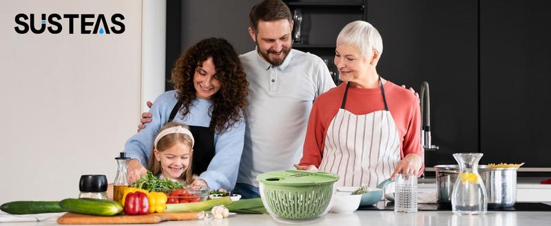 SUSTEAS 5-in-1 Salad Prep Station Green Durable Steel Chopping Basket with Strainer for Efficient Salad Fruit & Meal Prep Kitchen Utensil