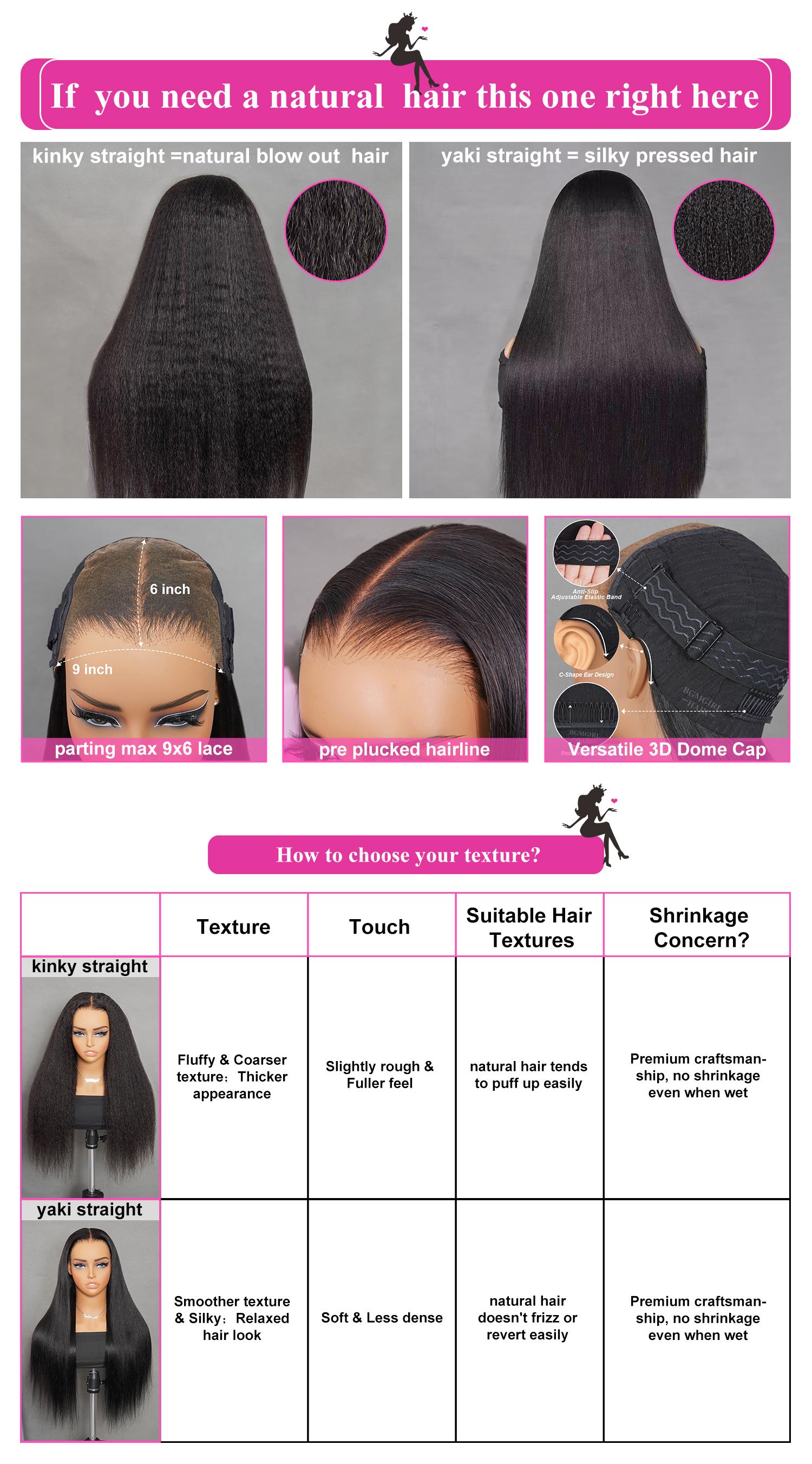 BGMgirl M-cap 9x6 Kinky Straight/ Yaki Straight Wear Go 180% Density Pre-Bleached HD Lace Glueless Wig Pre Plucked Hairline Human Hair