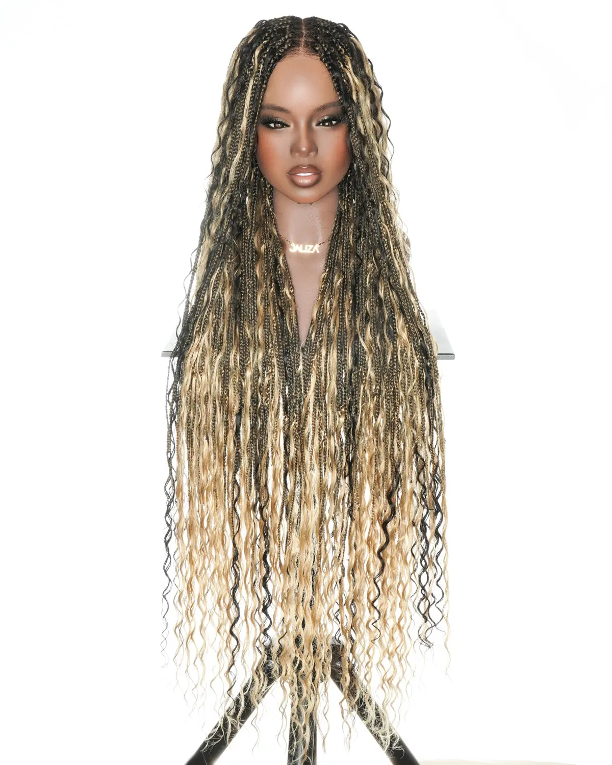 JALIZA 36" Ombre Human Hair Full Lace Wig - Braided Style with HD Swiss Lace, Mixed Boho Curls, 1B/27 Blend, Braided Lace Wigs