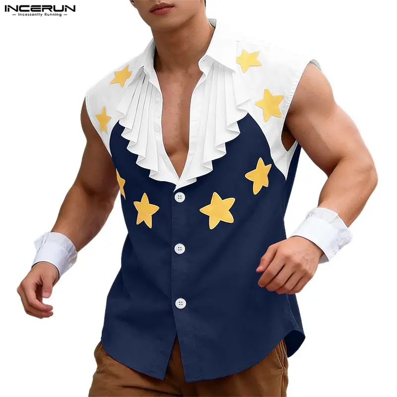 INCERUN Men's Vintage 90s Ruffled Sleeveless Buttoned Vest - Retro Graphic Menswear for Concert, Disco Festival, Fashion Statement Costume, Club, Party, Coachella Ready, Deep V Neck, 90S Graphic Vests, Button-Equipped Vests