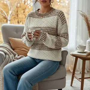 Women's Striped Print Drop Shoulder Sweater - Casual Long Sleeve Round Neck Jumper for Fall & Winter Season, Soft Comfortable Warm Knitted Pullover Perfect for Daily Wear Office Outfit Holiday Party Fashion Clothing