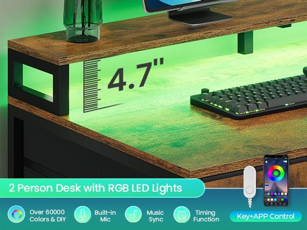SEDETA 94.5 Inch 2 Person Gaming Desk Long Office Computer Desk with LED Lights 8 Storage Drawers Power Outlet
