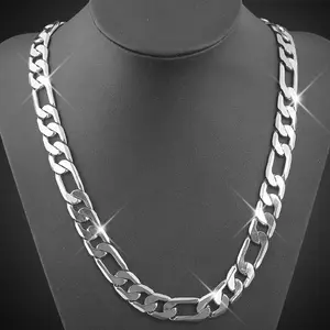 Figaro chain 12mm 925 sterling silver plated Necklace Women Men Jewelry Strong Solid Clasp Gift with Lobster plated Clasp 21.65inch ~29.52inch