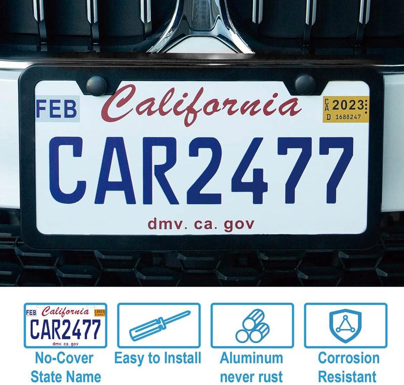2 PCS Matte Black License Plate Frames, Rust-Proof Aluminum Car Plate Holders with Screws, Universal 2-Hole Auto Frame for Cars & Trucks