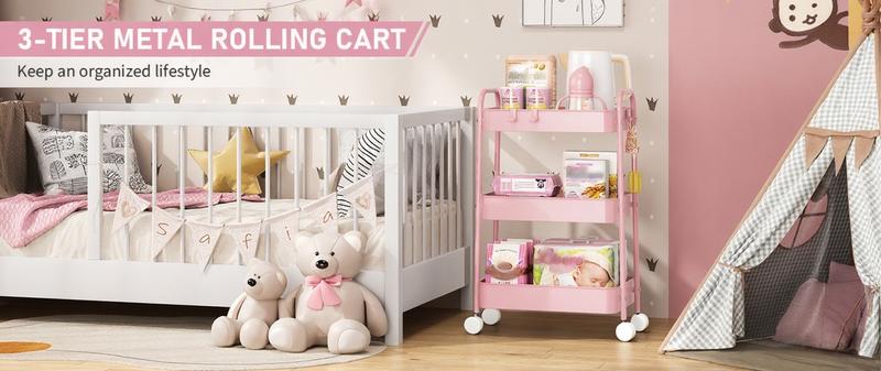 3 Tier Rolling Cart, Metal Utility Cart with 4 Hooks Storage Cart on Wheels Craft Cart with Handle for Organizer Storage for Classroom Office Dorm Home Pink