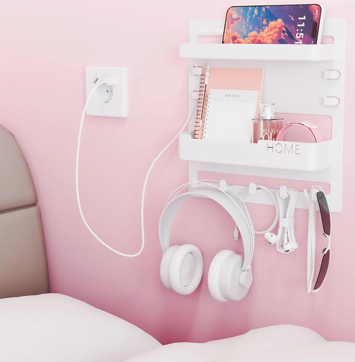 Yieach Mixed Pack of 2 Hanging Rectangle Floating Shelf Organizer Hooks - Wall-Mounted Home Storage Rack with Phone Holder, Charging Shelf, Accessory Hooks, Adhesive Tape for Small Rooms (White Room Decor), Floating Shelves