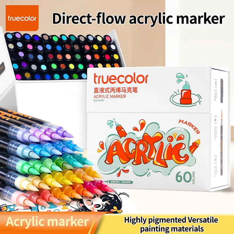 TrueColor Soft-Tip Acrylic Marker Pen Set, Direct-Flow Liquid Ink Office Writing Tools, 24/36/48/60 Vibrant Shades, Brush-Tip Highlighters, TikTok Art Essentials