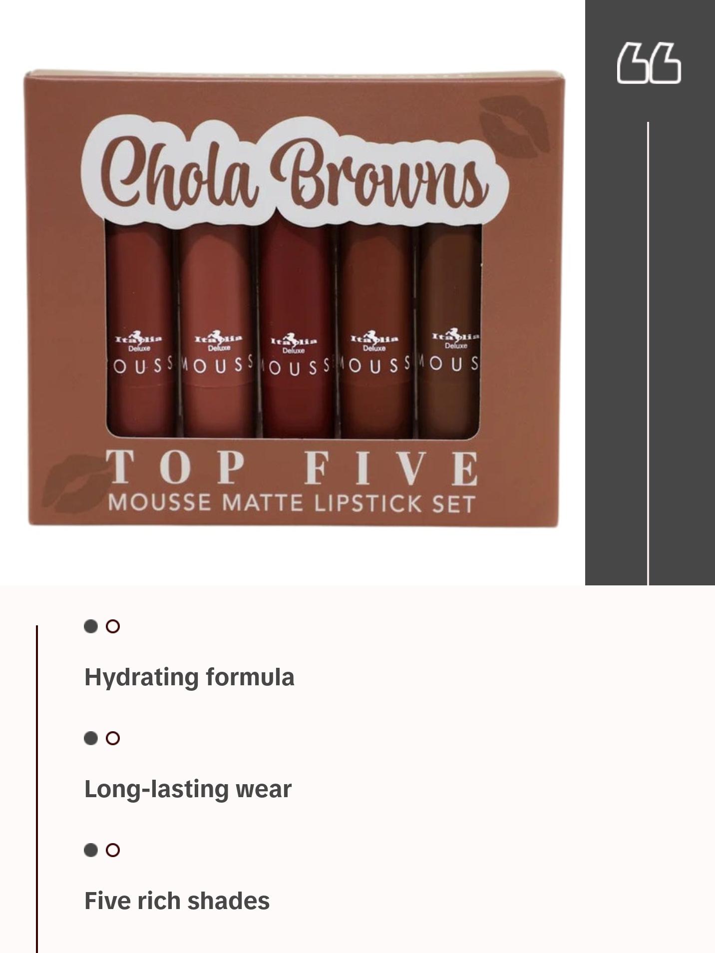 Italia Deluxe Top Five Mousse Matte Lipstick Set - Hydrating Transparent Long Lasting Lipsticks for Lip Makeup - Caliente Reds, Chola Browns, Modest Mauves, Send Nudes - Cosmetic