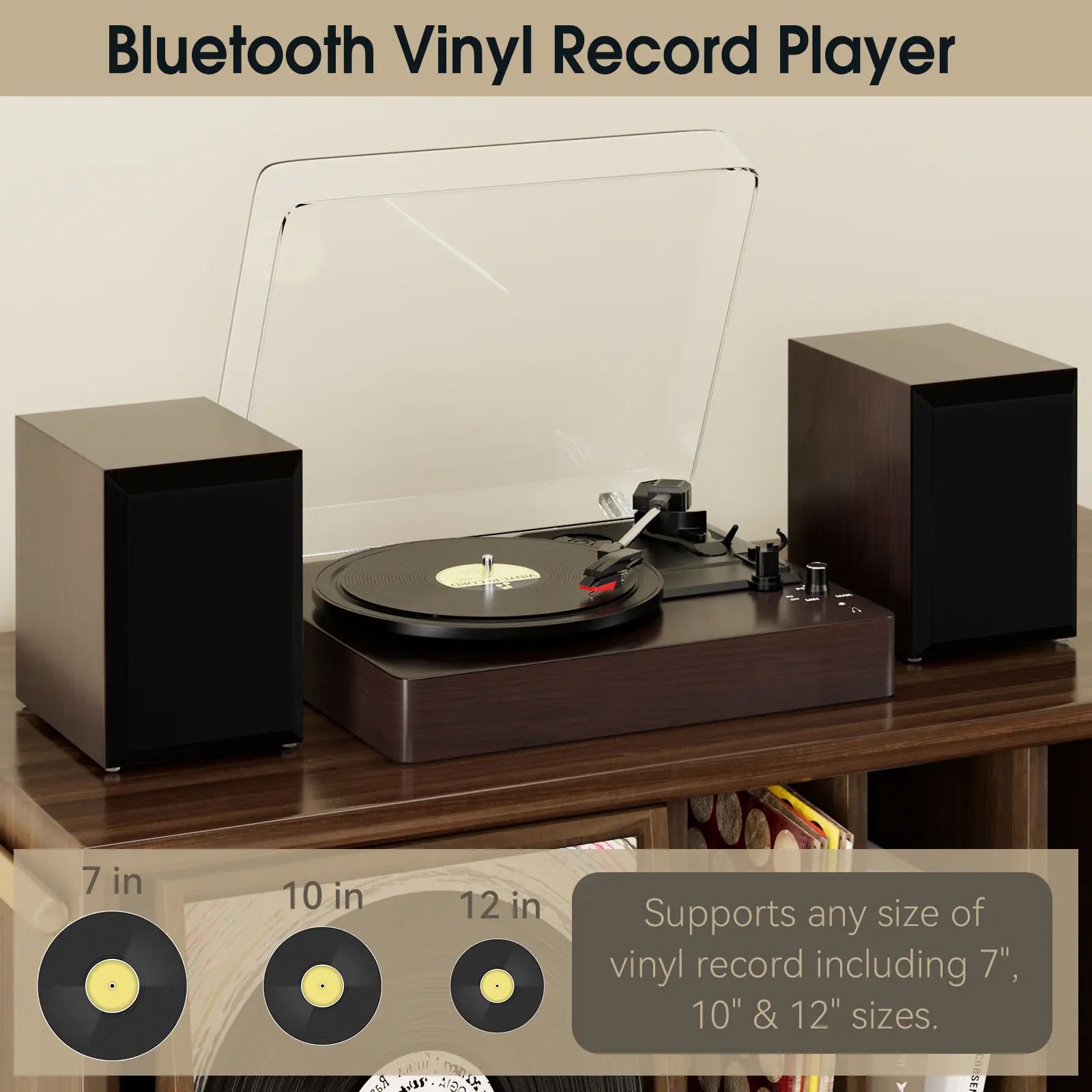 Areyourshop 3-Speed Bluetooth Vinyl Record Player with Ruby Stylus & Speakers for 7 10 12" Records, 33/45/78 RPM, Stereo Sound, Portable & Decorative for Living Room Bedroom Office Coffee Shop