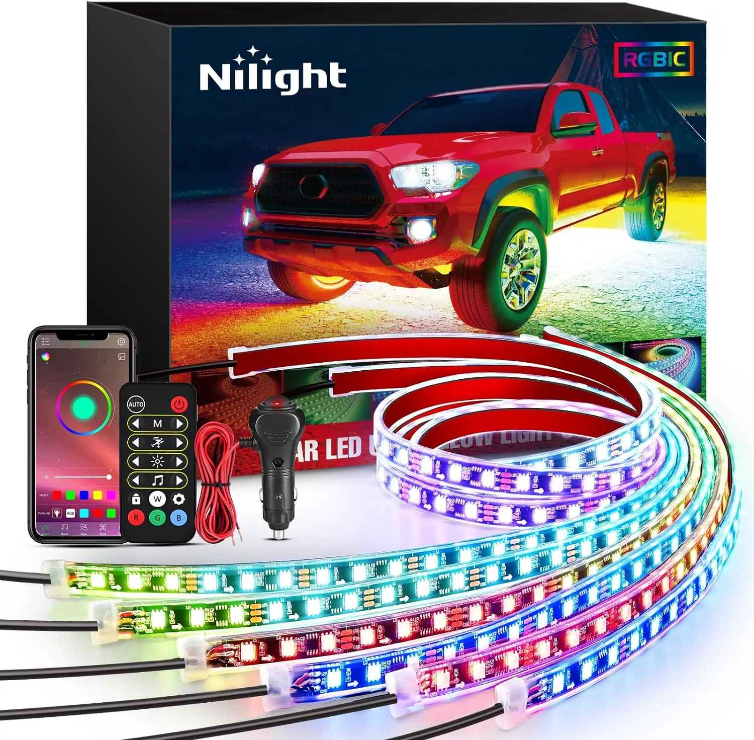 Nilight 6Pcs RGB-IC Chip Underglow LED Neon Accent Strips (300 LED Lights) - Neon Glow Car Accessories, Ambient Lighting, Cool Decorations, Car Lighting, Sound-Active Music Mode, APP & Remote Control, Flexible Rubber Tube Fit, Automotive Father's Day Gift
