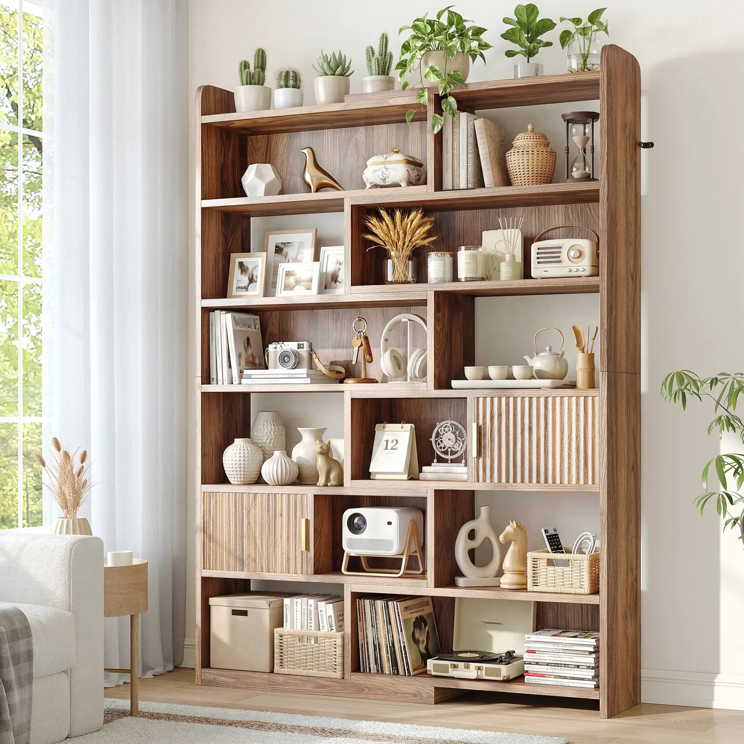 Raybee 75“ Tall 7-Tier Bookshelf, 38” 4-Tier Corner Bookcase with 2 Fluted-Door Cabinets, Modern Shape-Adjustable Wooden Book Shelves for Home Office, Living Room, Kitchen, Brown #TikTokShopBackToSchool