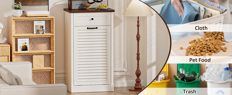 【Does Not Include Trash Can】 Spurgehom Maximize Your Space: Freestanding 13 Gallon Cabinet Discreetly Combines a Tilt-Out Trash Can, Laundry Hamper & Drawers. Keep Your Kitchen or Living Room Organized and Clutter-Free