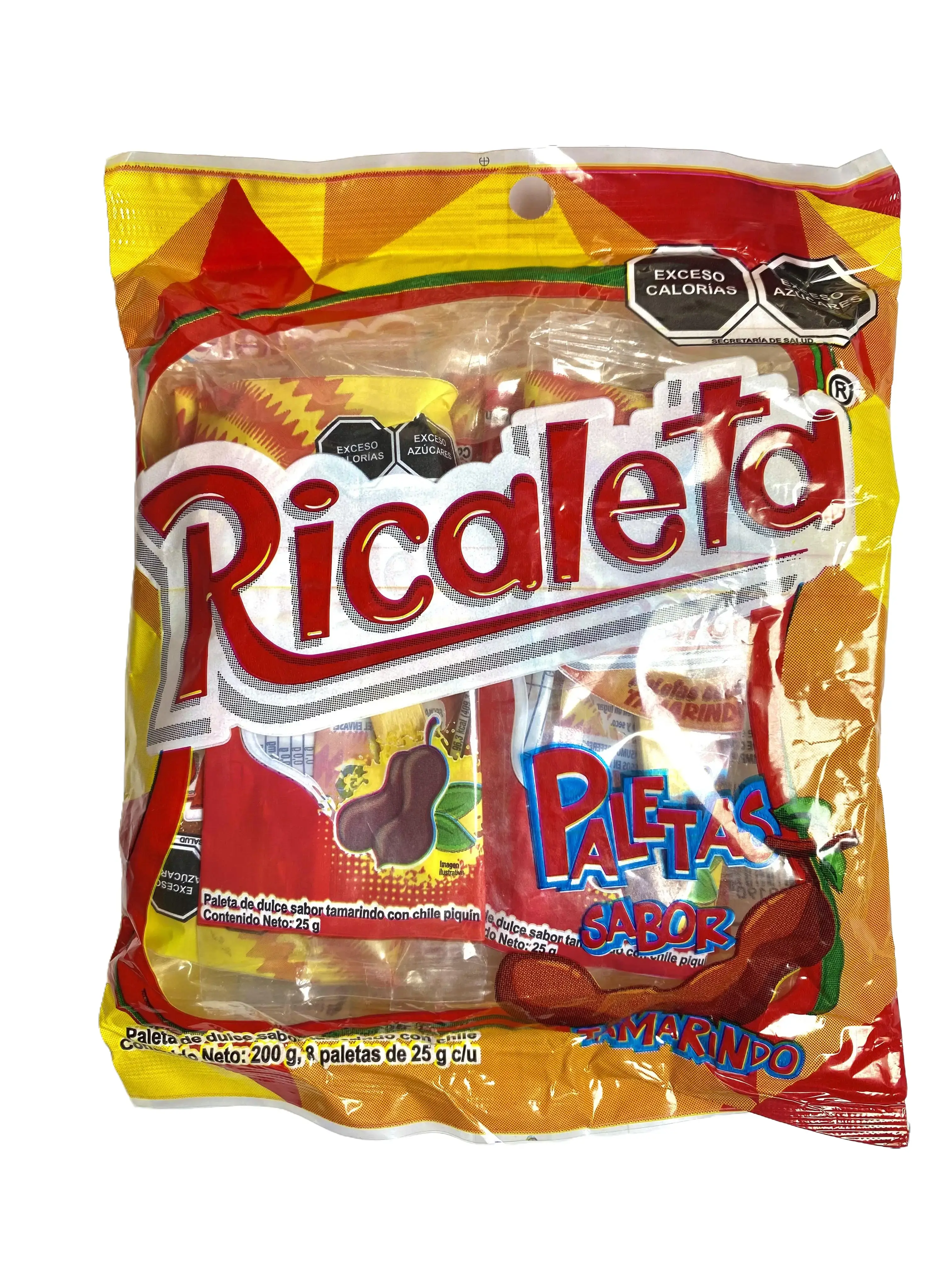 RICALETA - PALETAS DE DULCE SABOR TAMARINDO CON CHILE - 8 LOLLIPOS - 25 GRAMS EACH - PRODUCT OF MEXICO