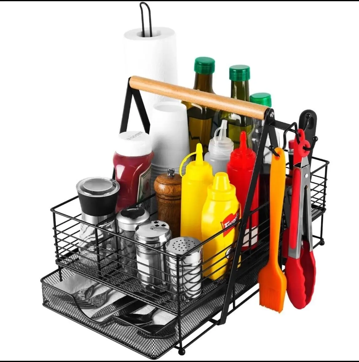 High-Quality Materials Portable Barbecue Utensil Caddy - Rectangle Kitchenware Organizer with Customizable Compartments, Drawer, Storage Racks for Hiking, Outdoor Dining Adventures