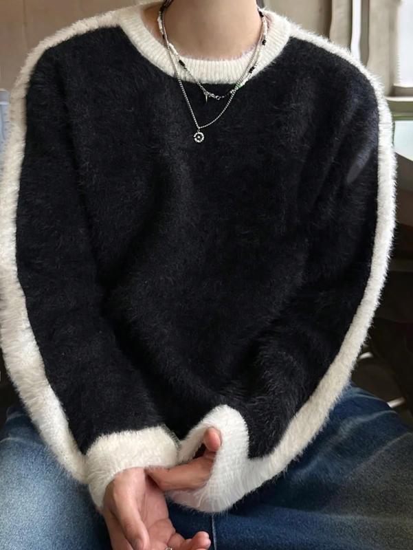 Sweaters for men - Men Loose Fit Contrast Knit Sweater Long Sleeve Crewneck for Fall Winter vacation clothes t shirts for men vintage clothing winter outfits y2k clothing sweater male clothes vacation outfit going out outfit y2k clothes outfits sweaters