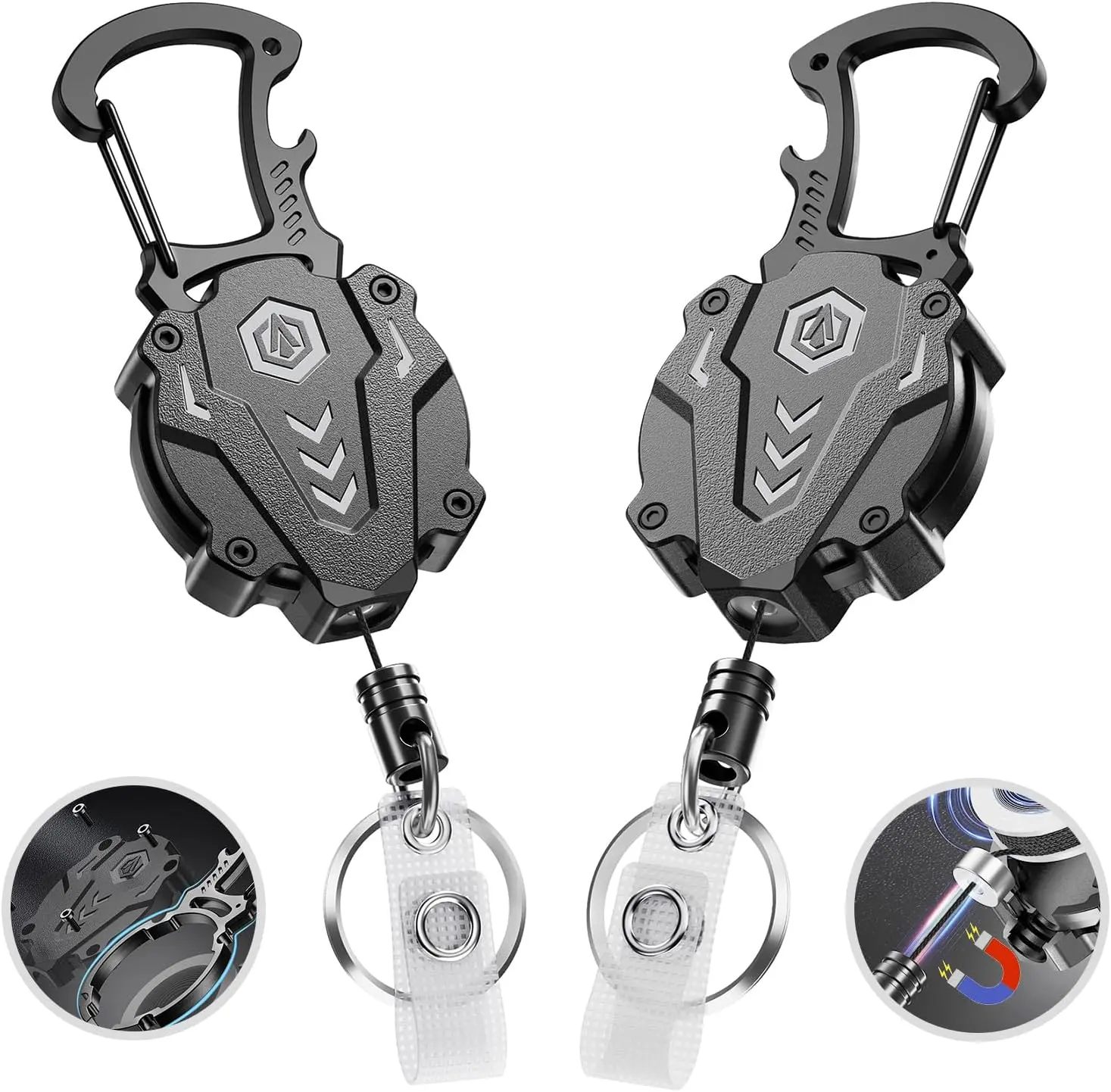 2Pack Heavy Duty Retractable Keychain, Tactical ID Badge Holder Reel Carabiner Clip with Magnetic Closure for Men, Unbreakable Sandwich Construction with 31" Dyneema Cord, Bearing 25oz, Father's Day Gifts, Mens Gifts, Tactical Accessories, Guys Gifts