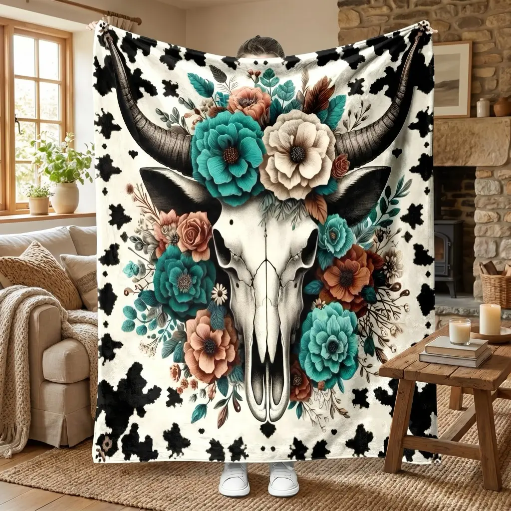 Western Bull Skull Floral Flannel Cow Print Throw, Country-Rustic Soft Cozy Polyester Bed Sofa Decor, Decorative Bedroom & Living Room Accent Blanket, Bed Sofa Blanket, Decorative Bedroom Blanket