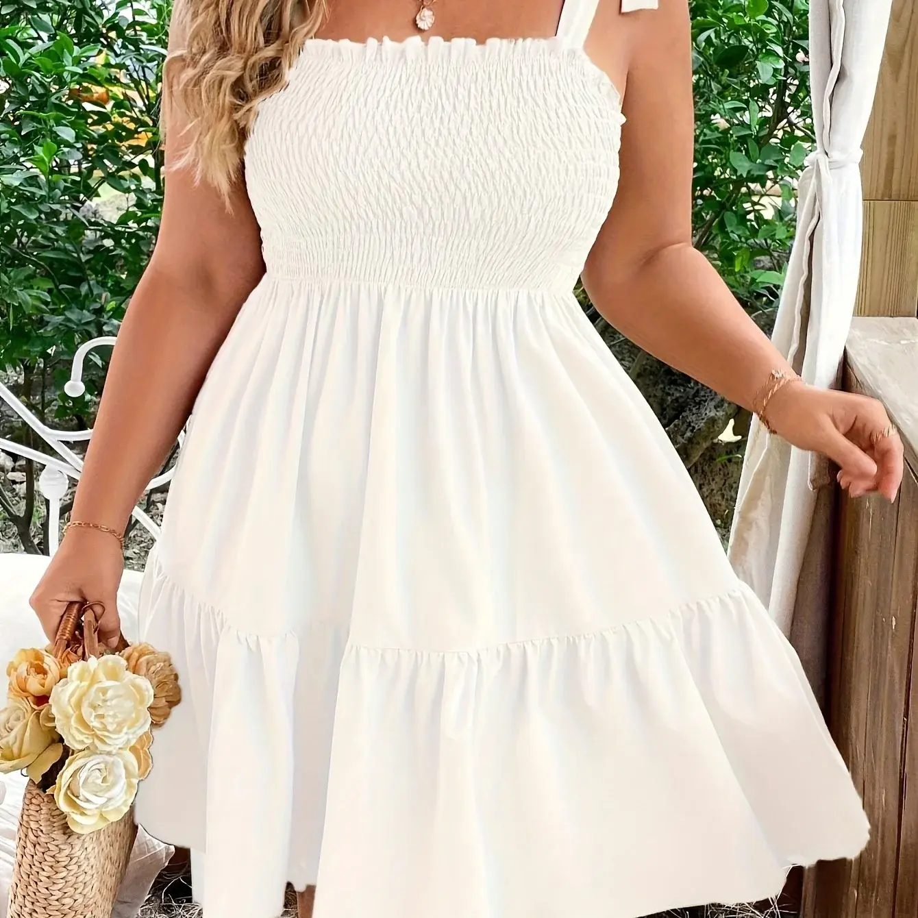 2026 New Plus Size White Square Neck A-Line Vacation Dress - Elegant  Sleeveless Beach Dress with Ruffled Hem & Bow Detail - TikTok Shop