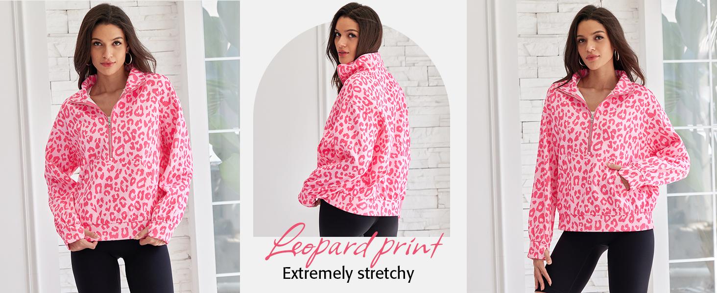ATTRACO Women's Leopard Print Sweatshirt Half Zip Loose Pullover Sweater 2025 Autumn Fashion Clothing