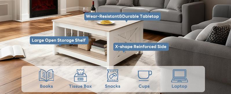 Farmhouse Square Coffee Table with Storage Shelf - 31.5" Rustic White Center Table with X-Design Side - Heavy Duty & Scratch Resistant for Living Room