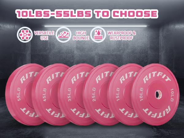 RitFit Pink Weight Plates Olympic Bumper Plates Weight Plates Fit 2" Barbells fitness exercise barbell weight