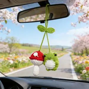 Crochet Frog & Mushroom Rear View Mirror Hanging Car Charm Handmade Cute Spring Pastel Aesthetic Easter Day Season Ornament Amigurumi