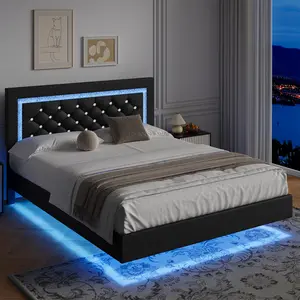 [Summer Vibes] [Live Only] HOMBCK Floating Bed Frame with LED Lights, Upholstered Morden Platform Bed with Diamond Tufted Headboard, No Box Spring Needed, Noise Free, Easy Assembly