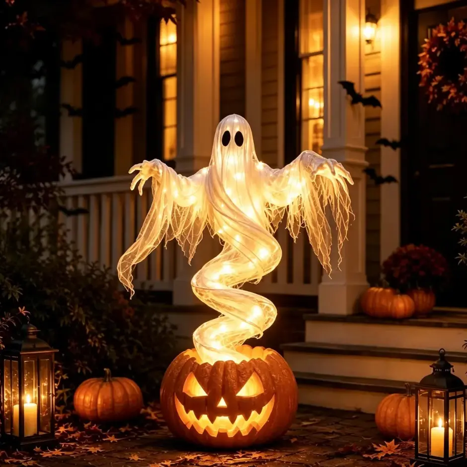 Lighted Halloween Pumpkin Ghost Decoration, Glowing Spiral Fabric Ghost EmergingLantern, Spooky LED Outdoor Indoor Yard Lawn Porch Decor, Haunted House Party Prop, Unique Autumn Holiday Festival Gift for Family and Friends
