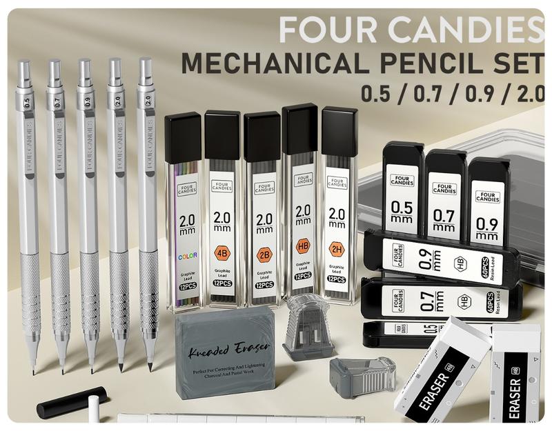 Four Candies Back to School 5PCS Metal Art Mechanical Pencil Set 3PCS Drafting Pencils 0.5 0.7 0.9MM & 2PCS 2MM with 420PCS Leads for Writing Sketching Drawing School Stationery Set