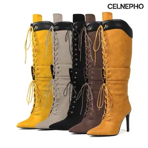 CELNEPHO Womens Knee High Boots Pointed Toe Stiletto High Heel Clubfoot Boots Lace Up Easy Pull on Party Spring Festival Outdoor Events Valentine Gifts Boot