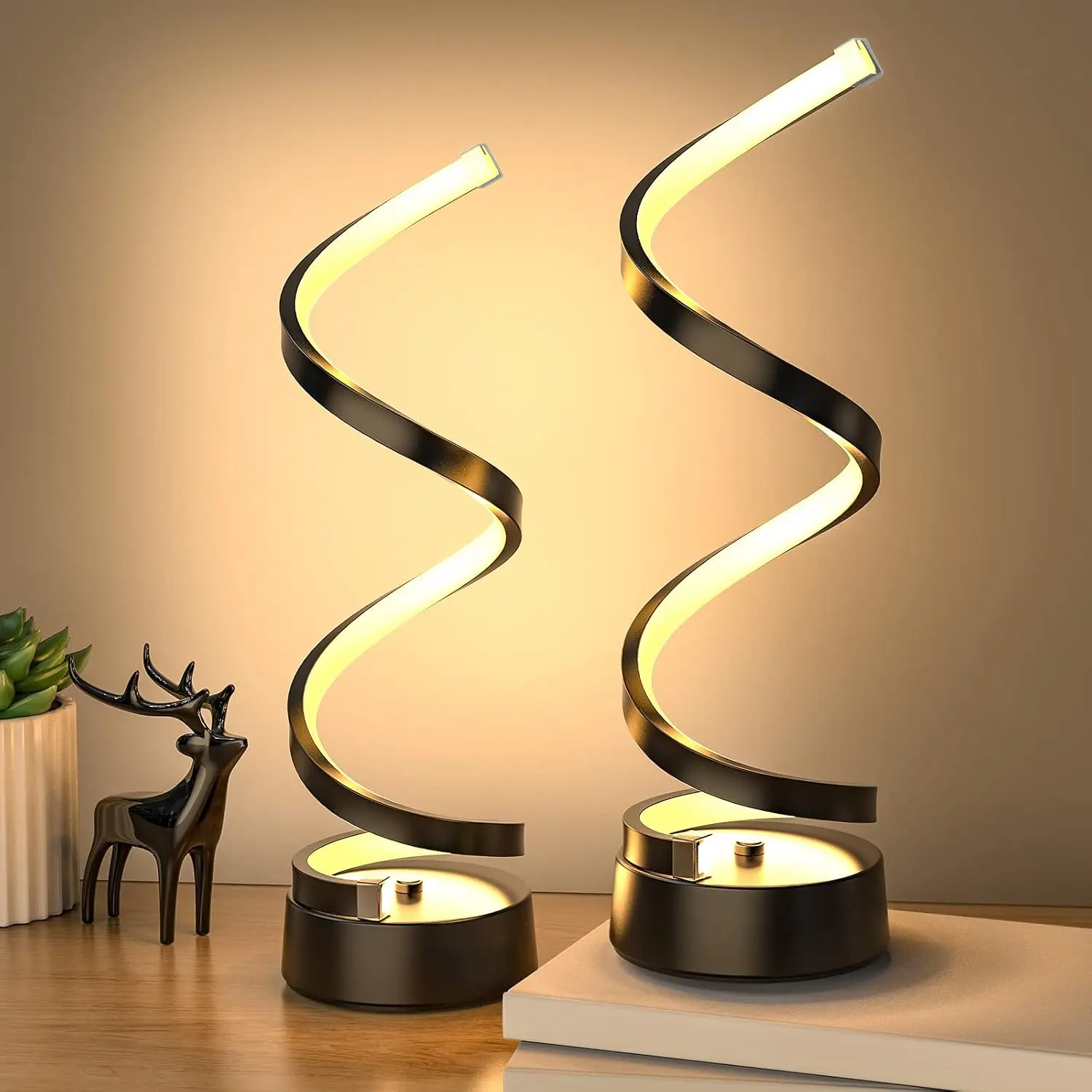 Aesthetic Curved Spiral LED Nightstand Lamp - 4-Key Wired Controller, 3-Color Lighting, 10%-100% Dimmable, Premium Aluminum Alloy Soft Glow USB Lamp, Led Lights Bedroom, Night Light, Aesthetic Room Decor, Bedroom Items