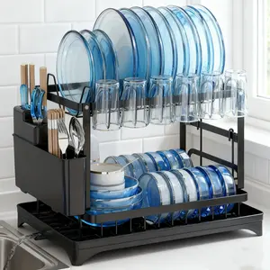 2-Tier Adjustable Dish Drying Rack, Rustproof Kitchen Counter Drainer with Drainboard, Removable Utensil Caddy & Swivel Spout, Customizable Space-Saving Design, Essential Kitchen Accessory