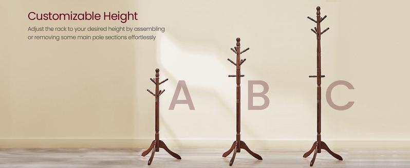 SONGMICS HOME VASAGLE Solid Wood Coat Rack and Stand, Free Standing Hall Coat Tree with 10 Hooks, for Entryway, Hallway, Rubberwood