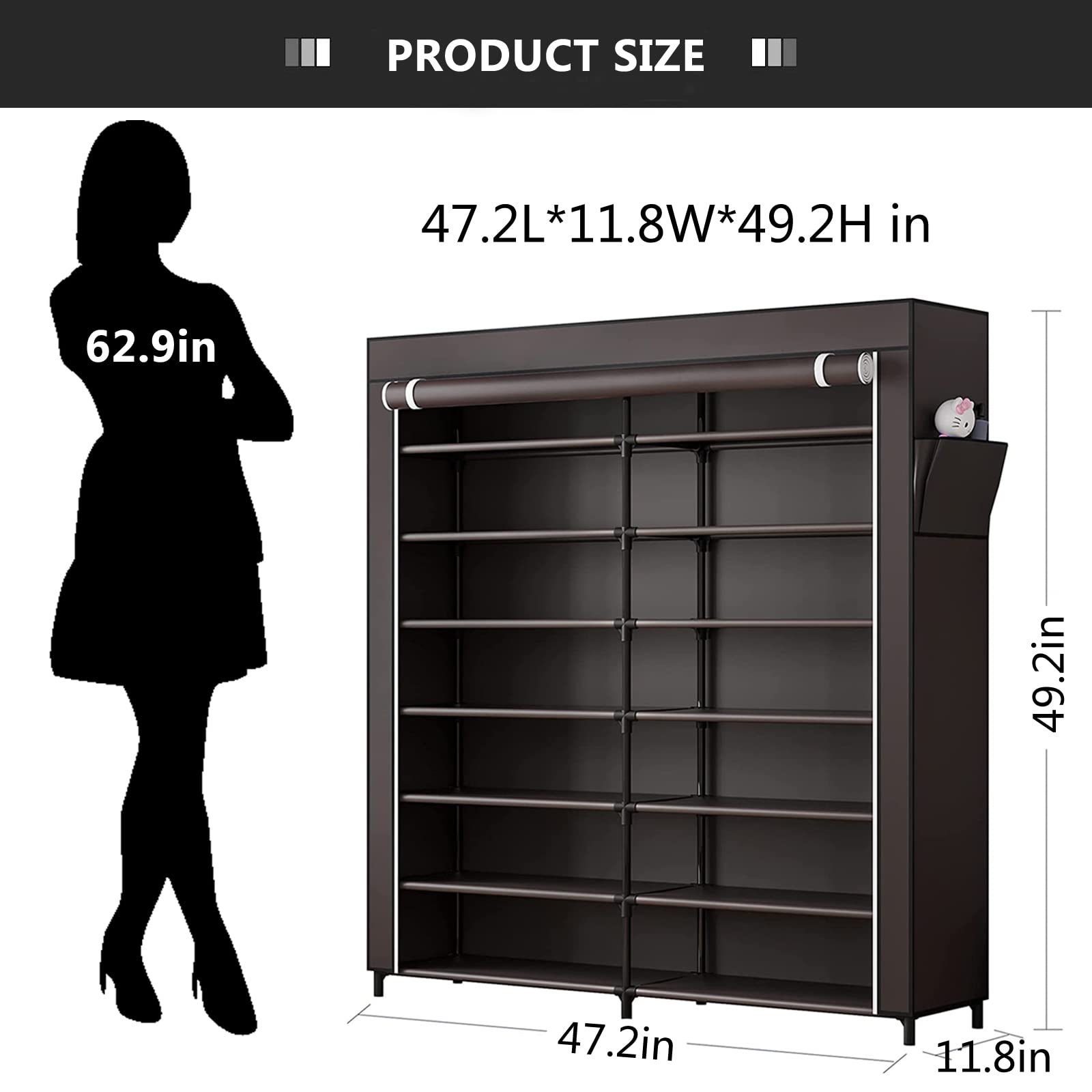 Shoe Rack Storage Organizer 7 Tier 42 Pairs Portable Metal Dust Cover Non Woven with Side Pocket Shoe Shelf Cabinet for Entryway Bedroom Closet, Coffee