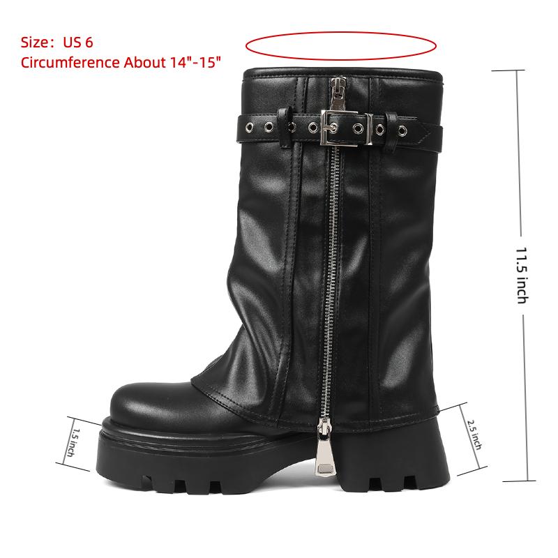 Women's Fold Over Boots Slouchy Boots Wide Calf Pleated Platform Boots Stacked Side Zipper Boots Mid Calf Boots Goth Y2k