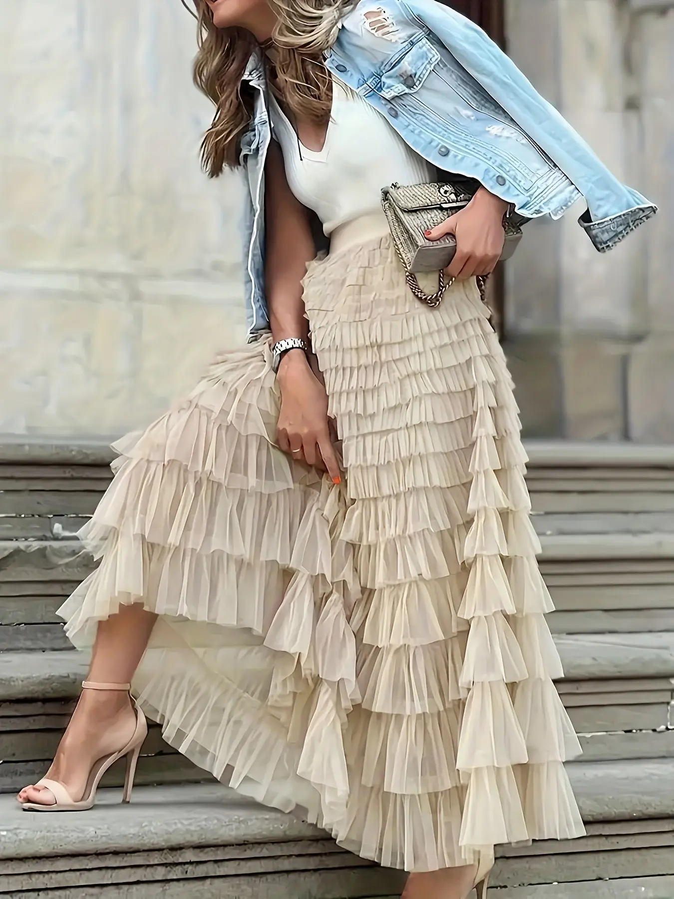 Women's Plain Ruffle Hem Tiered Layer Knit Skirt, Elegant Chic Aesthetic High Waist Fit Long Skirt for Vacation Holiday Party, Ladies Bottoms for All Seasons, Long Skirt Women Womenswear