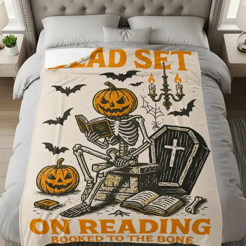 Book Ghost Reading Blanket, Halloween Blanket, Bookish Blanket, Dark Academia Decor, Book Lover Gift, Fall Throw Blanket Couch, Spooky , Gift Blanket  Decor Christmas and Halloween and Birthday