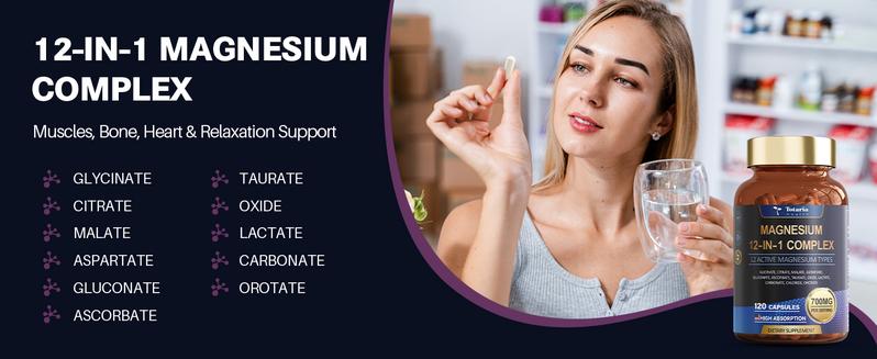 Totaria 12-in-1 700mg Magnesium Complex - Glycinate Citrate Malate Oxide Taurate Aspartate Orotate, Vegan Capsules for Muscle, Heart, and Relaxation Support