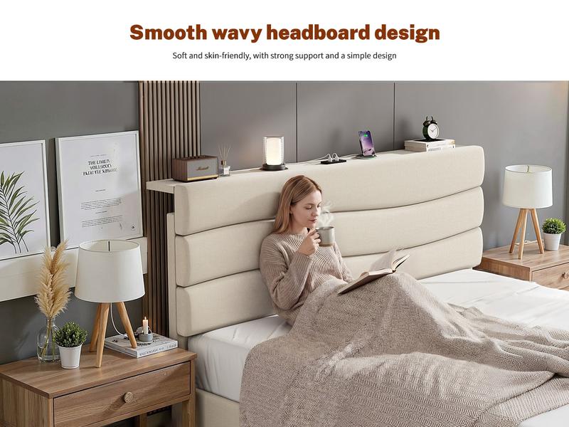 【The First Best Bed For Teens】Raybee Bed Frame Upholstered Headboard Height Adjustable Wavy Line Top Storage Shelf & USB Type-C Charging Noise-Free,Easy Assemble & Clean,Qeen Beige,Cream,Gray,King,Full