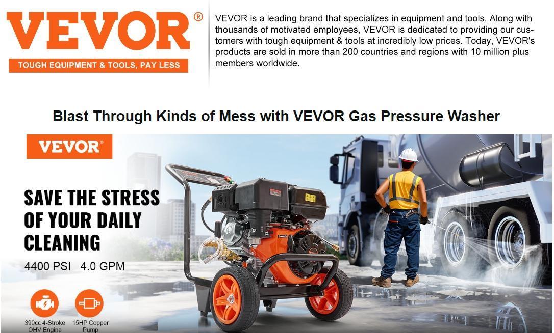 VEVOR Gas Pressure Washer, Max 4400 PSI 4.0 GPM, Gas Powered Pressure Washer with Copper Pump, Spray Gun and Extension Wand, 5 Quick Connect Nozzles, for Cleaning Cars, Homes, Driveways, Patios VEVOR Gas Pressure Washer, Max 4400 PSI 4.0 GPM, Gas Powered Pressure Washer with Copper Pump, Spray Gun and Extension Wand, 5 Quick Connect Nozzles, for Cleaning Cars, Homes, Driveways, Patios