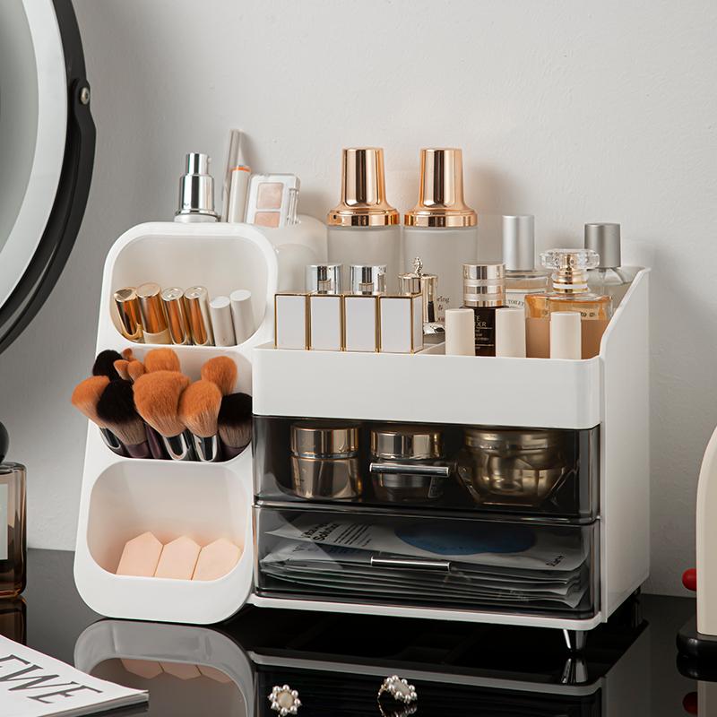 Large Capacity Elegant Makeup perfume Storage Organizer Box Multi-functional desktop Organizer bin for Brushes Lipstick Eyebrow Pencil Pocket Mirror Home Travel Portable Cosmetics Organizer with Drawers Accessory Clear Drawer Gift Jewelry Pink Slot Holder