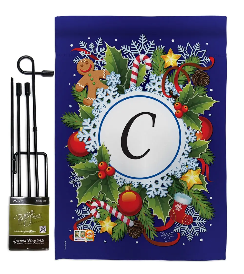 Breeze Decor BD-WT-GS-130081-IP-BO-D-US12-BD 13 x 18.5 in. Winter C Initial Wonderland Impressions Decorative Vertical Double Sided Garden Flag Set with Banner Pole