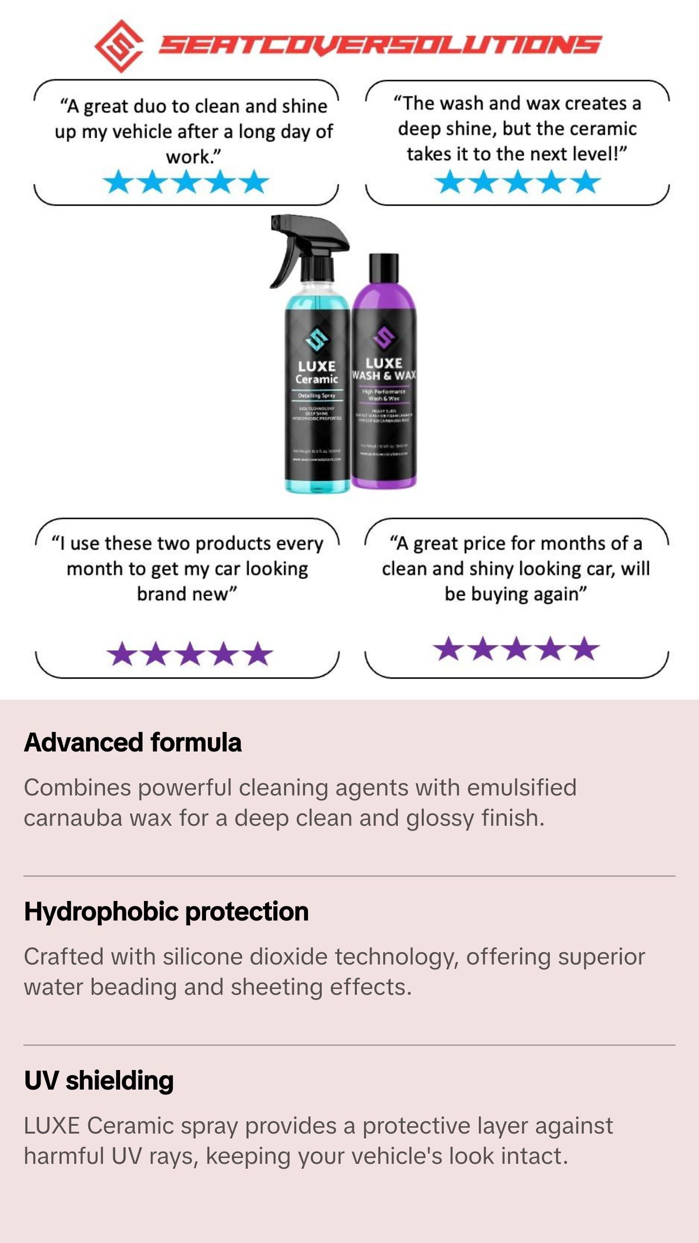 LUXE Exterior Shine Bundle - LUXE Wash & Wax + LUXE Ceramic Quick Detailer - Cleans and shines your cars exterior - 2 16.9oz bottles