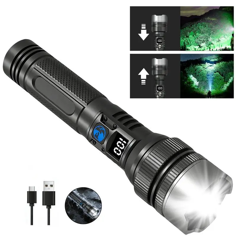 Powerful LED Flashlight, Rechargeable 2-in-1 Power Bank with Digital Display, Zoomable and Waterproof Portable Lamp for Camping, Emergency, Usb Port, Cells, Portable Lamps, Plastic, Powerful Flashlight
