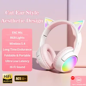 Wireless Bluetooth cat ear headphones with LED lights, foldable, over-ear design, built-in microphone, long battery life, suitable for mobile phones, tablets, iPads, and laptops. A cute gift for children, teenagers, and adults.
