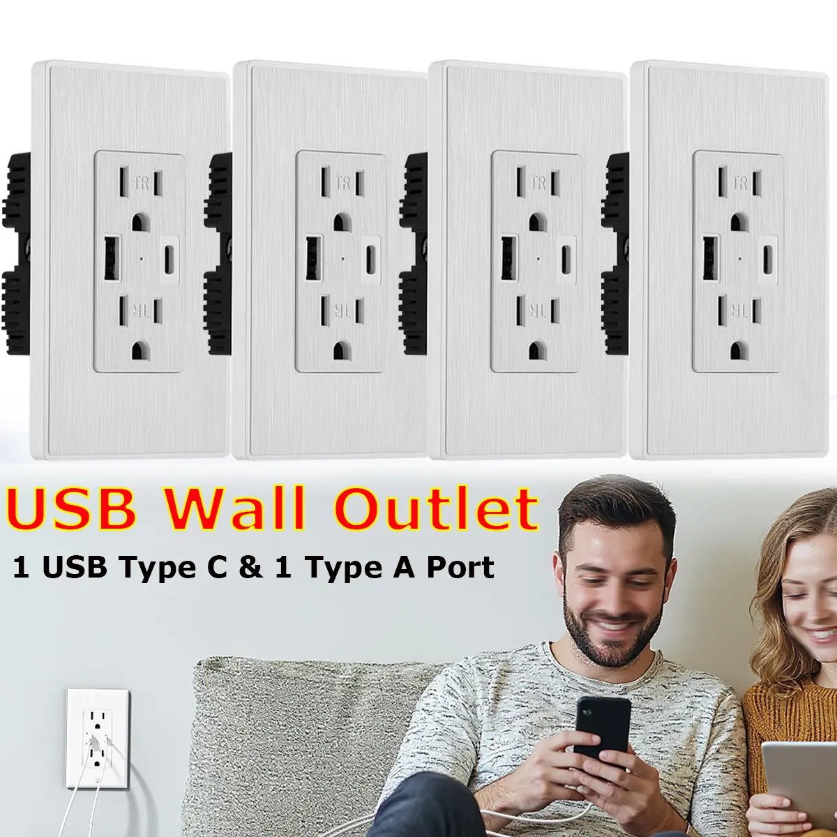 4PCS Dual Wall USB Charger Outlets Set - 15A US STD AC Power Receptacle Plate Panels, Fire Resistant PC, Tamper Safe, 1 Type A & 1 Type C Plug for Smartphones/Tablets