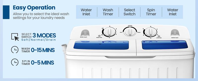 COSTWAY Portable Washing Machine, 20Lbs  (12Lbs Washing and 8Lbs Spinning) Twin Tub Washing Machine w/Drain Pump, Semi Automatic Compact Washer & Sipnner, Portable Washer Dryer Combo for Apartments Dorms RV Camping