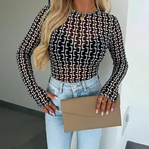 ChicMe Women's Vintage Colorblock Chain Print O-neck Long Sleeve Tee Slim Fit Sheer Mesh Layering Top with Thumb Hole Cuffs